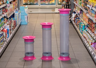 C-Thru™ Battery Recycling Bins in 5 litre, 10 litre and 15 litre with magenta funnel lid and foot in supermarket