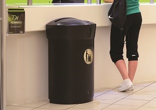 Envoy™ Indoor Litter Bin in black with d-shaped frame and person signing into leisure facilities