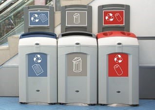 Nexus® 100 Indoor Recycling Bins set of 3 internal waste receptacles for paper, general waste and cans, situated by staircase
