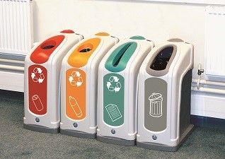 Nexus® 50 Indoor Recycling Bins for cans, plastic bottles, paper and general-waste, 4 waste stream recycling station in classroom
