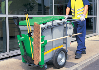 Double Space-Liner™ Orderly Barrow with two compartments with green lid and moulding and broom and litter grabber