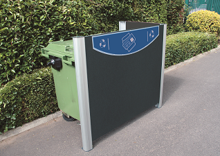 Visage™ Screen System for newspaper, concealing large green wheelie bin in waste collection area in park